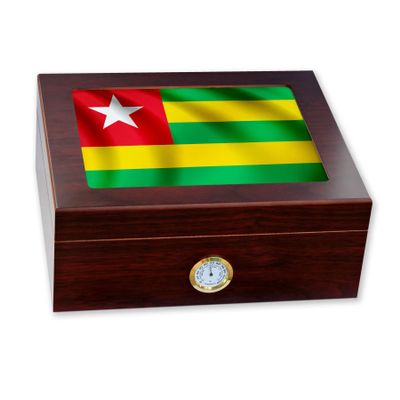 ExpressItBest Premium Desktop Humidor - Glass Top - Flag of Togo (Togolese) - Waves Design - Cedar lined with humidifier & front mounted hygrometer.