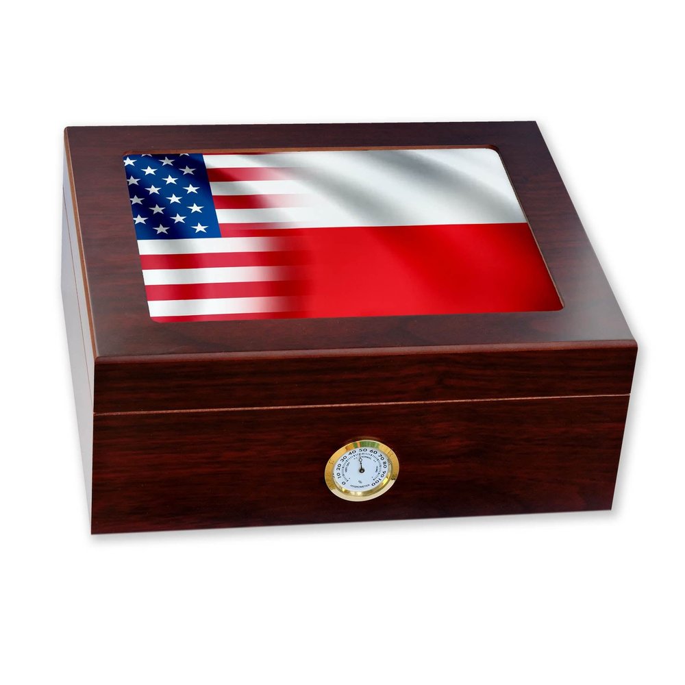 ExpressItBest Premium Desktop Humidor - Glass Top - Flag of Poland (Pole, Polish) - Waves with USA Flag - Cedar lined with humidifier & front mounted hygrometer.