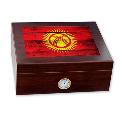 ExpressItBest Premium Desktop Humidor - Glass Top - Flag of Kyrgyzstan (Kyrgyz) - Wood Design - Cedar lined with humidifier & front mounted hygrometer.