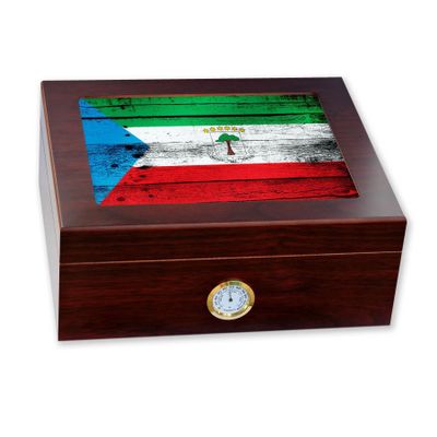ExpressItBest Premium Desktop Humidor - Glass Top - Flag of Equatorial Guinea Guinean - Wood Design - Cedar lined with humidifier & front mounted hygrometer.