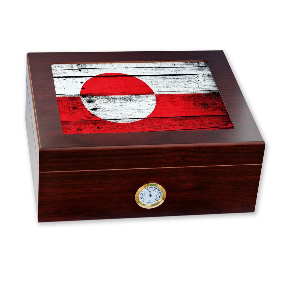 ExpressItBest Premium Desktop Humidor - Glass Top - Flag of Greenland (Greenlander) - Wood Design - Cedar lined with humidifier & front mounted hygrometer.