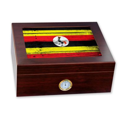 ExpressItBest Premium Desktop Humidor - Glass Top - Flag of Uganda (Ugandan) - Wood Design - Cedar lined with humidifier & front mounted hygrometer.