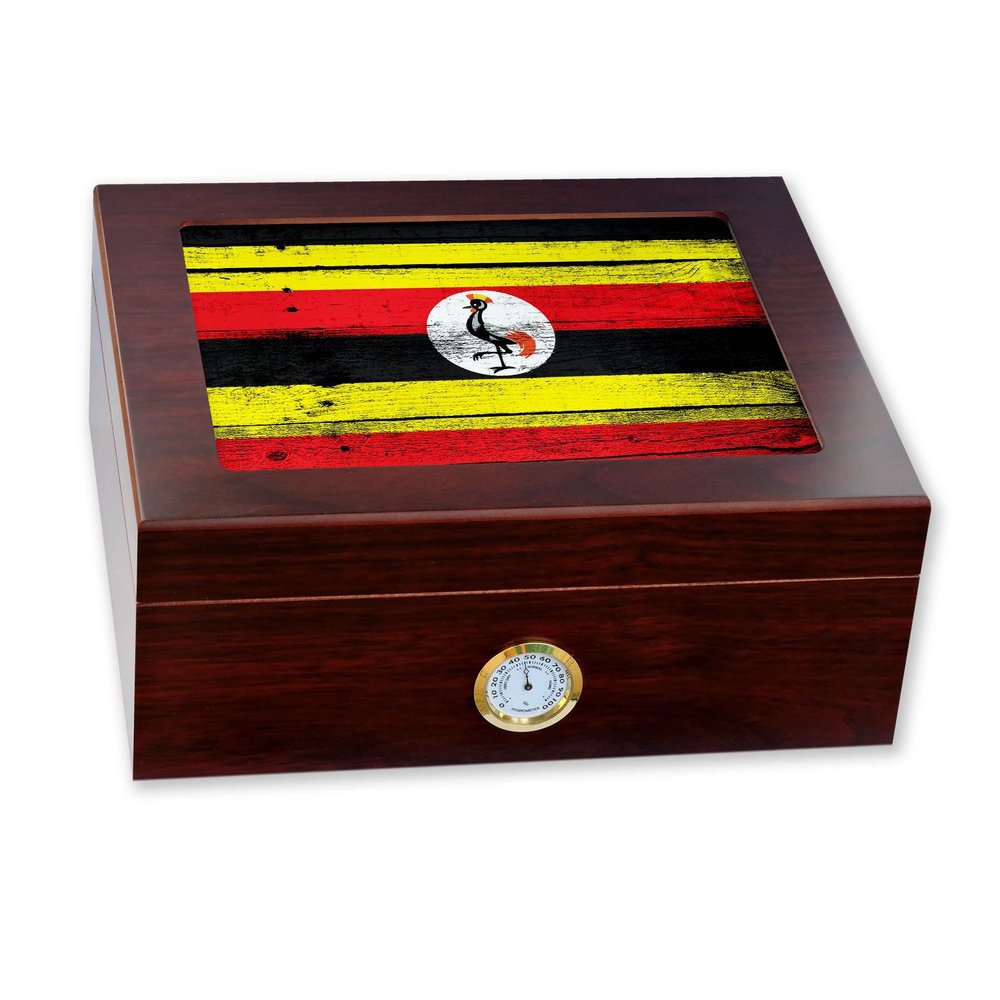 ExpressItBest Premium Desktop Humidor - Glass Top - Flag of Uganda (Ugandan) - Wood Design - Cedar lined with humidifier & front mounted hygrometer.