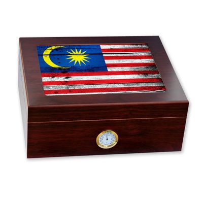 ExpressItBest Premium Desktop Humidor - Glass Top - Flag of Malaysia (Malaysian) - Wood Design - Cedar lined with humidifier & front mounted hygrometer.