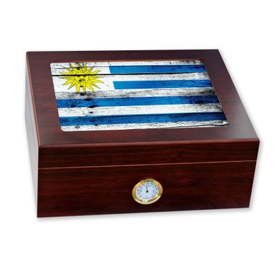 ExpressItBest Premium Desktop Humidor - Glass Top - Flag of Uruguay (Uruguayan) - Wood Design - Cedar lined with humidifier & front mounted hygrometer.