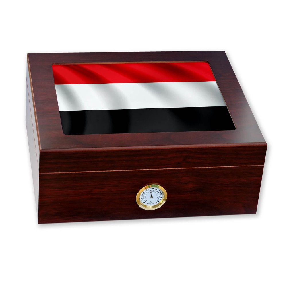 ExpressItBest Premium Desktop Humidor - Glass Top - Flag of Yemen (Yemeni) - Waves Design - Cedar lined with humidifier & front mounted hygrometer.