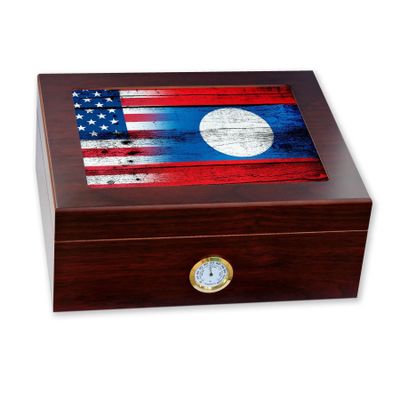 Premium Desktop Humidor - Glass Top - Flag of Laos (Lao) - Wood with USA Flag - Cedar lined with humidifier & front mounted hygrometer.