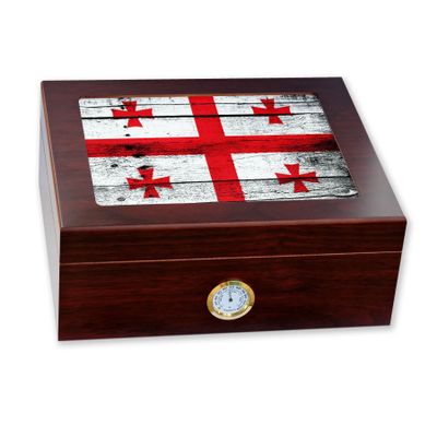 ExpressItBest Premium Desktop Humidor - Glass Top - Flag of Georgia (Georgian) - Wood Design - Cedar lined with humidifier & front mounted hygrometer.