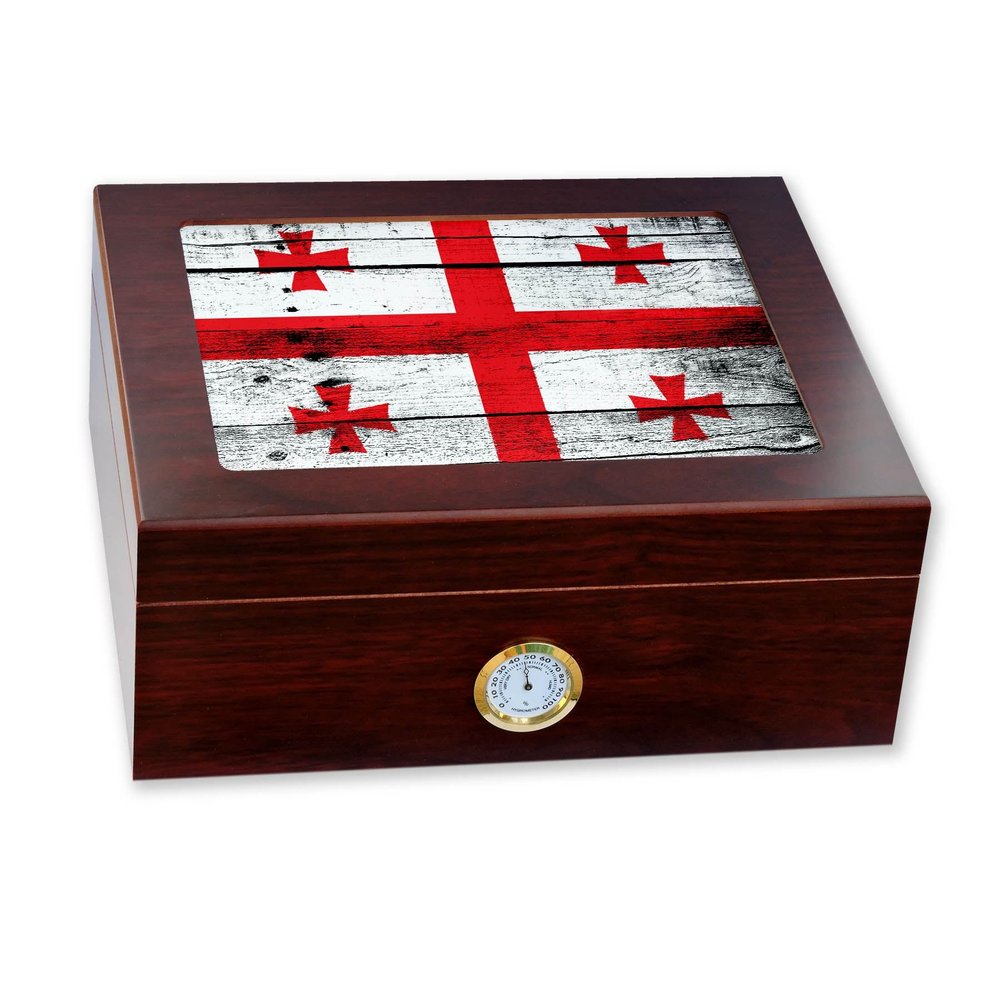 ExpressItBest Premium Desktop Humidor - Glass Top - Flag of Georgia (Georgian) - Wood Design - Cedar lined with humidifier & front mounted hygrometer.