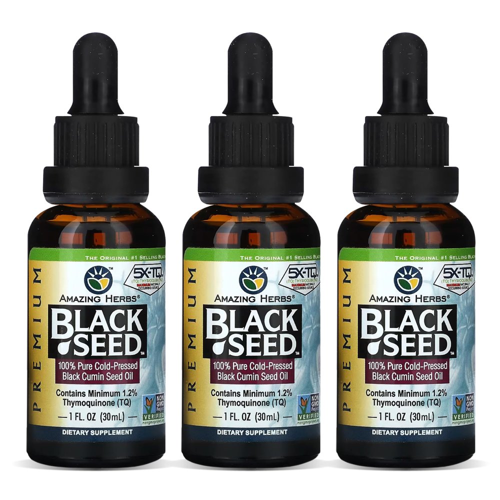 Amazing Herbs Premium Black Seed Oil - Gluten Free, Non GMO, Cold Pressed Nigella Sativa Aids in Digestive Health, Immune Support, Brain Function - 1 Fl Oz (Pack of 3)