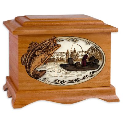Wooden Cremation Urn - Ambassador Shape with Bass Boat Fishing 3-Dimensional Inlay Wood Art Memorial - Funeral Urns for Adults (Mahogany)