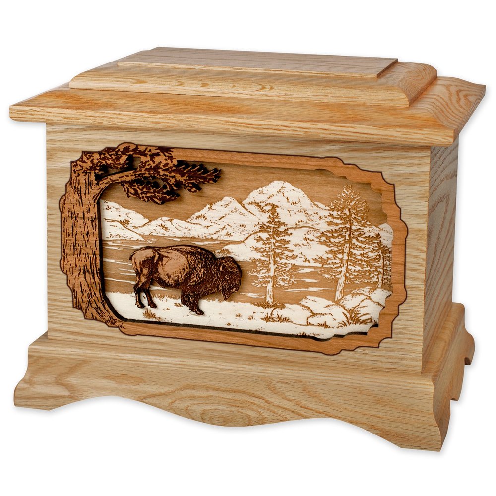 Wooden Cremation Urn - Ambassador Shape with Bison Buffalo Nature 3-Dimensional Inlay Wood Art Memorial - Funeral Urns for Adults (Oak)