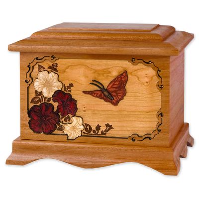 Wooden Cremation Urn - Ambassador Shape with Butterfly & Flower Nature 3-Dimensional Inlay Wood Art Memorial - Funeral Urns for Adults (Solid Mahogany Wood)