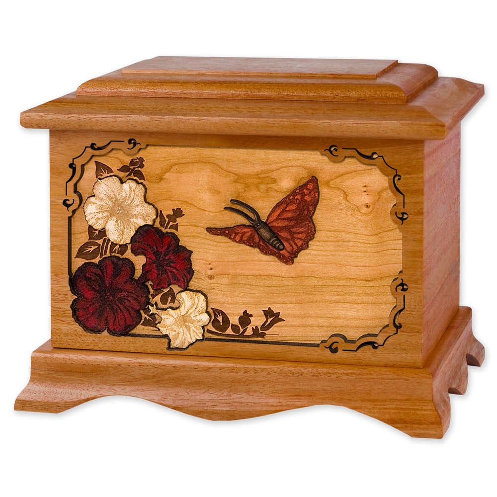 Wooden Cremation Urn - Ambassador Shape with Butterfly & Flower Nature 3-Dimensional Inlay Wood Art Memorial - Funeral Urns for Adults (Solid Mahogany Wood)