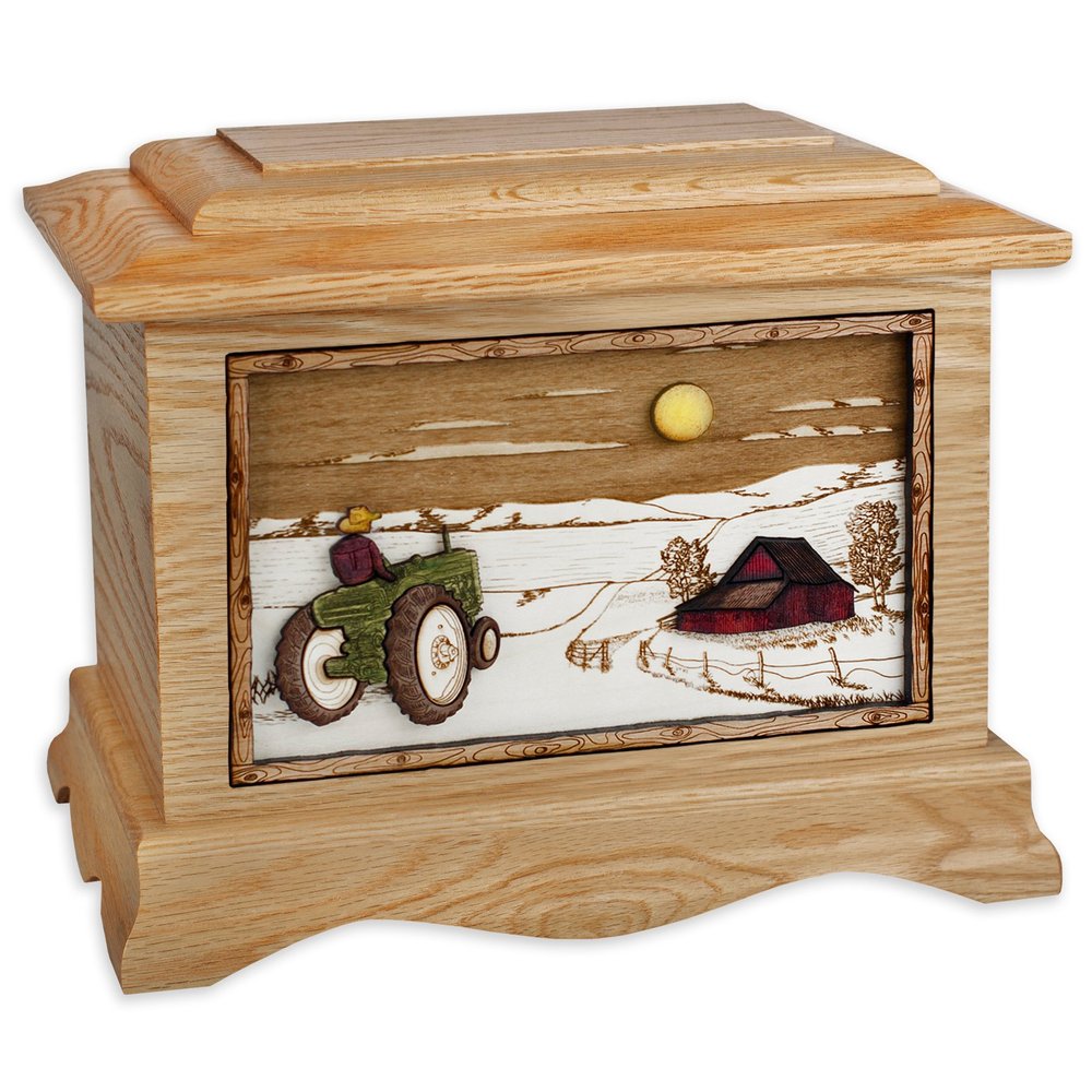 Wooden Cremation Urn - Ambassador Shape with Farm Tractor & Barn 3-Dimensional Inlay Wood Art Memorial - Funeral Urns for Adults (Oak)