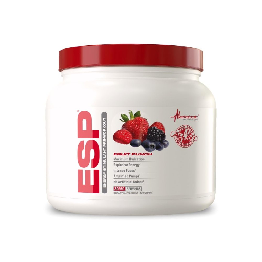 Metabolic Nutrition, ESP, Energy and Endurance Stimulating Pre Workout, Pre Intra Workout, High Energy and Mental Focus, Stimulating Workout Supplement, Fruit Punch, 300 Grams (90 Servings)