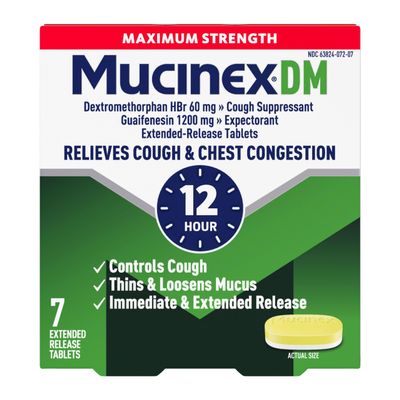 Mucinex DM 12Hr Maximum Strength Chest Congestion & Cough Medicine For Adults, Cold And Cough Medicine for Excess Mucus Relief, 1200 mg Guaifenesin & 60 mg Dextromethorphan HBr, 7 Bi-Layer Tablets