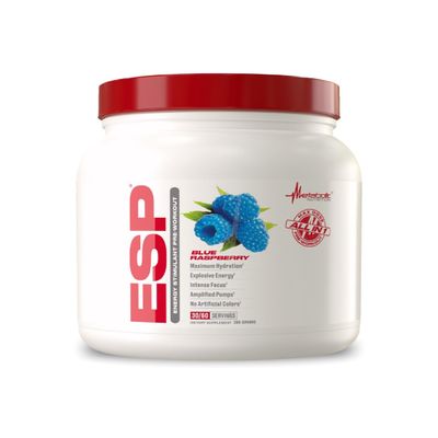Metabolic Nutrition | ESP - Stimulating Pre Workout, Pre Intra Workout Supplement | Energy & Endurance Stimulating | Natural, Safe & Mental Focus | Blue Raspberry, 300 Grams (90 Servings)