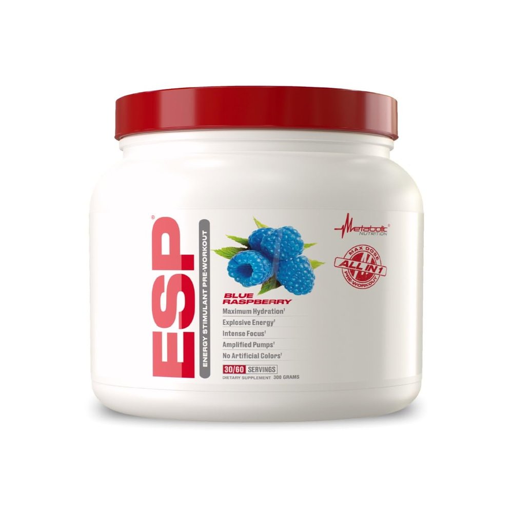 Metabolic Nutrition | ESP - Stimulating Pre Workout, Pre Intra Workout Supplement | Energy & Endurance Stimulating | Natural, Safe & Mental Focus | Blue Raspberry, 300 Grams (90 Servings)