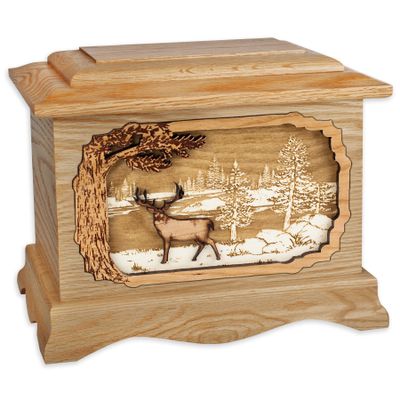 Wooden Cremation Urn - Ambassador Shape Funeral Urn with Great Lakes 3-Dimensional Inlay Art Memorial for Adults w/Choice of Art Applique (Oak Wood with Deer)