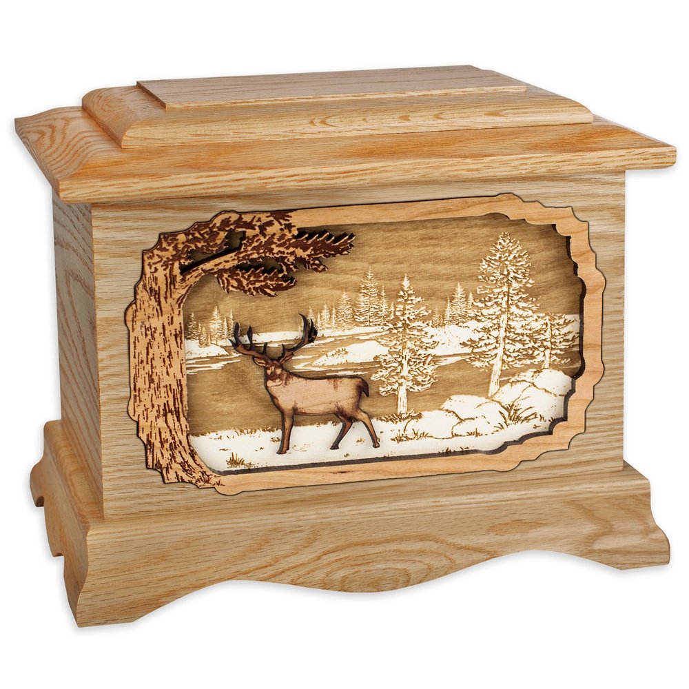Wooden Cremation Urn - Ambassador Shape Funeral Urn with Great Lakes 3-Dimensional Inlay Art Memorial for Adults w/Choice of Art Applique (Oak Wood with Deer)