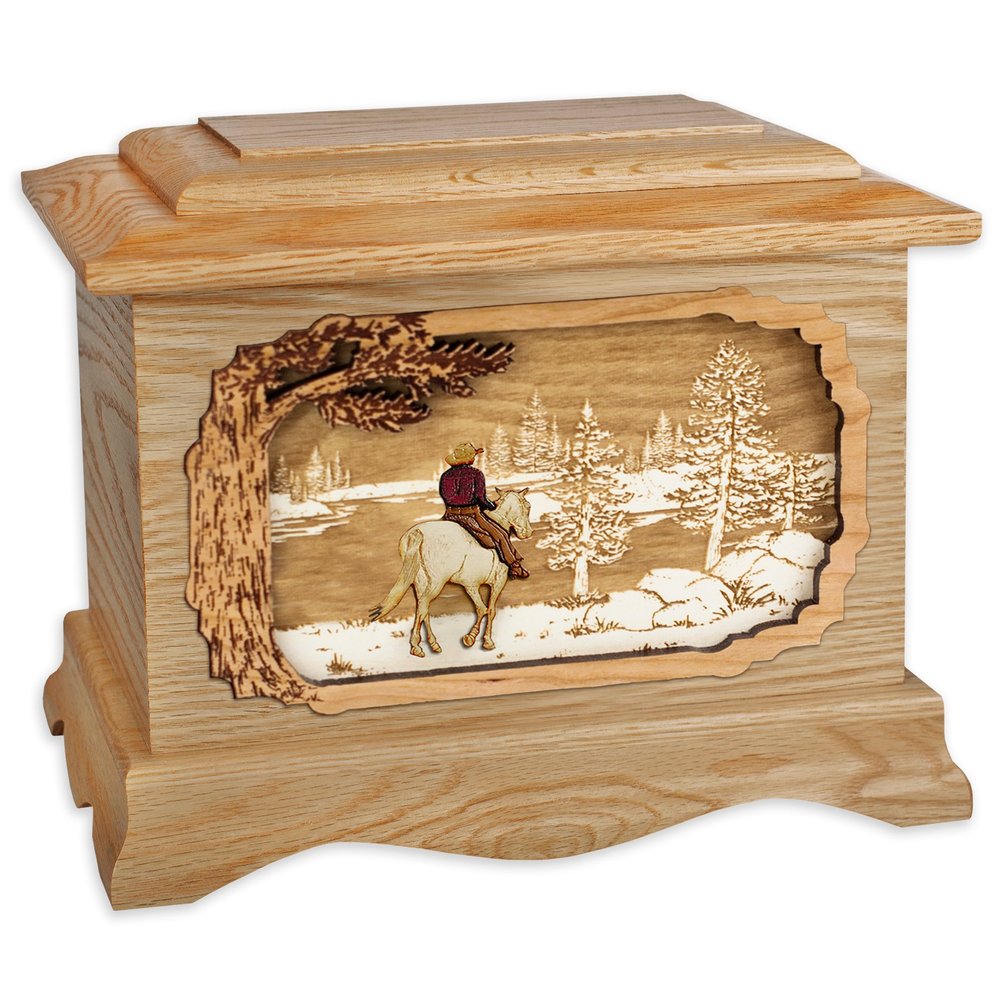Wooden Cremation Urn - Ambassador Shape Funeral Urn with Great Lakes 3-Dimensional Inlay Art Memorial for Adults w/Choice of Art Applique (Oak Wood with Horse & Cowboy)