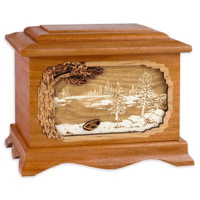 Wooden Cremation Urn - Ambassador Shape Funeral Urn with Great Lakes 3-Dimensional Inlay Art Memorial for Adults w/Choice of Art Applique (Mahogany Wood with Boat)