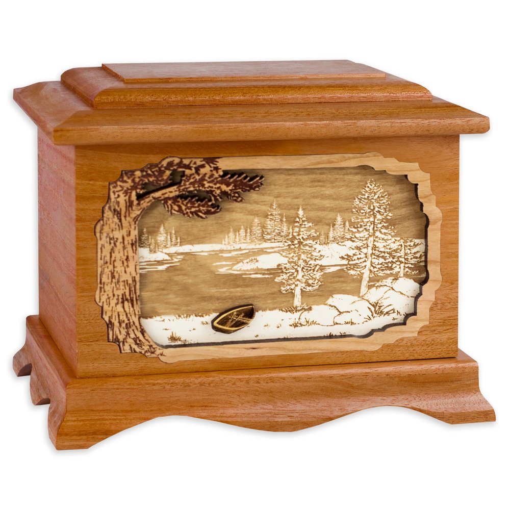 Wooden Cremation Urn - Ambassador Shape Funeral Urn with Great Lakes 3-Dimensional Inlay Art Memorial for Adults w/Choice of Art Applique (Mahogany Wood with Boat)