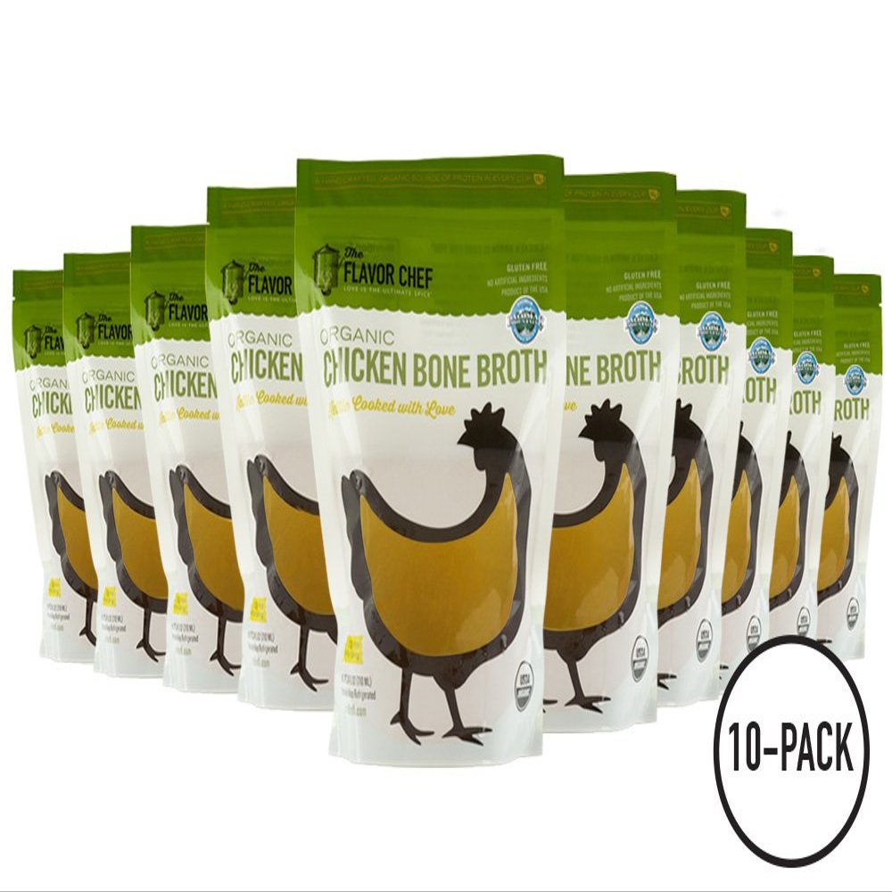USDA Certified Organic Chicken Bone Broth by The Flavor Chef | 10 Pack - 24 Ounces Per Pack | Frozen Fresh, High Gelatin and Collagen, Paleo Friendly