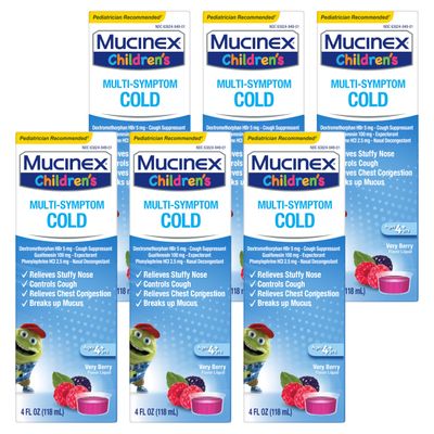 Cold and Cough, Mucinex Children's Multi-Symptom, Liquid, Very Berry Flavor, 24oz (6x4oz) Relieves Nasal & Chest Congestion, Thins & Loosens Mucus, & Controls Cough