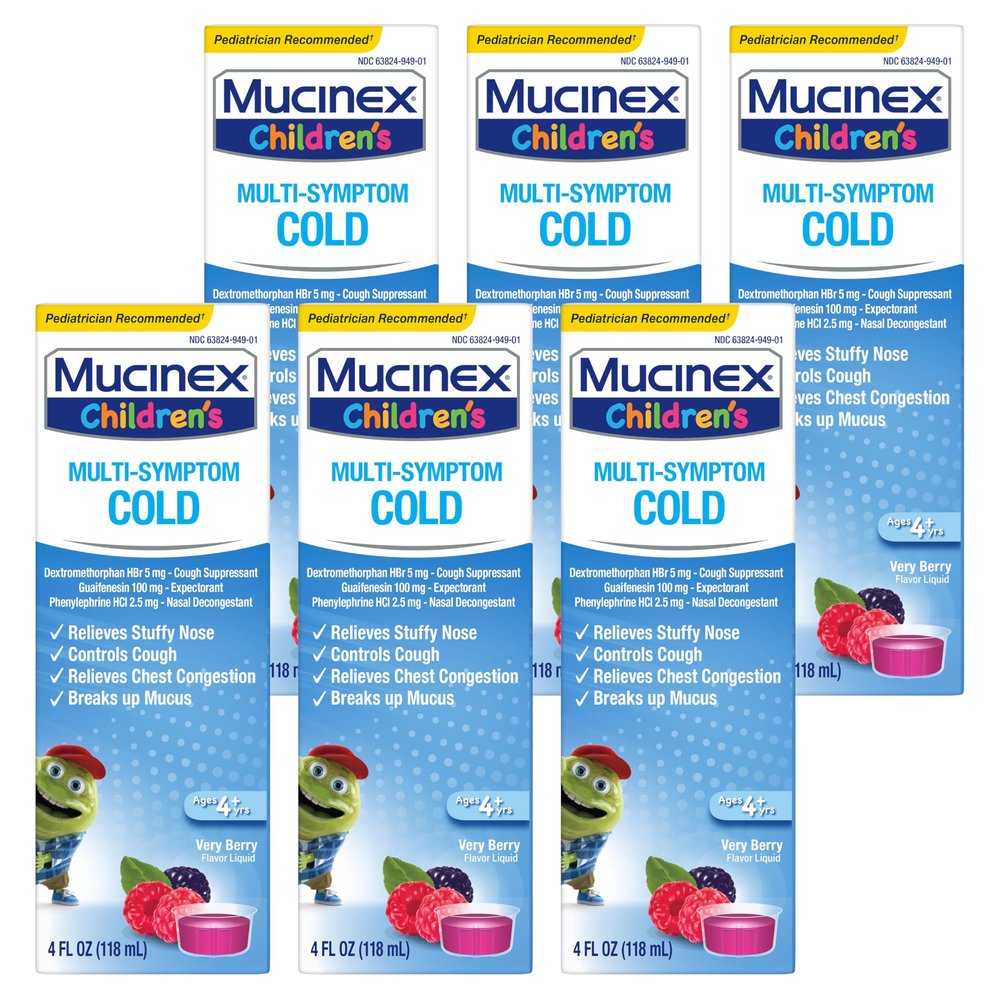 Cold and Cough, Mucinex Children's Multi-Symptom, Liquid, Very Berry Flavor, 24oz (6x4oz) Relieves Nasal & Chest Congestion, Thins & Loosens Mucus, & Controls Cough
