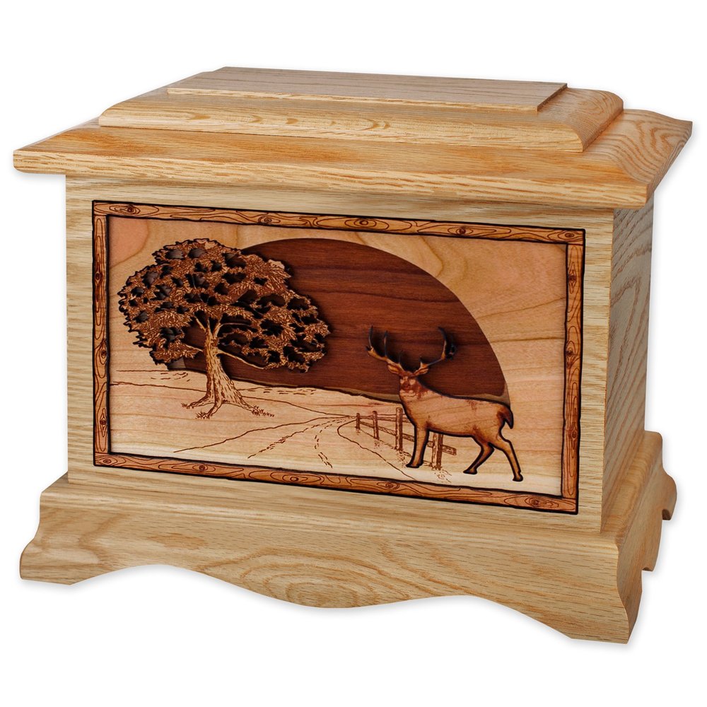 Wooden Cremation Urn - Ambassador Shape Funeral Urn with Heartland Deer 3-Dimensional Inlay Wood Art Memorial - Funeral Urns for Adults (Oak Wood)