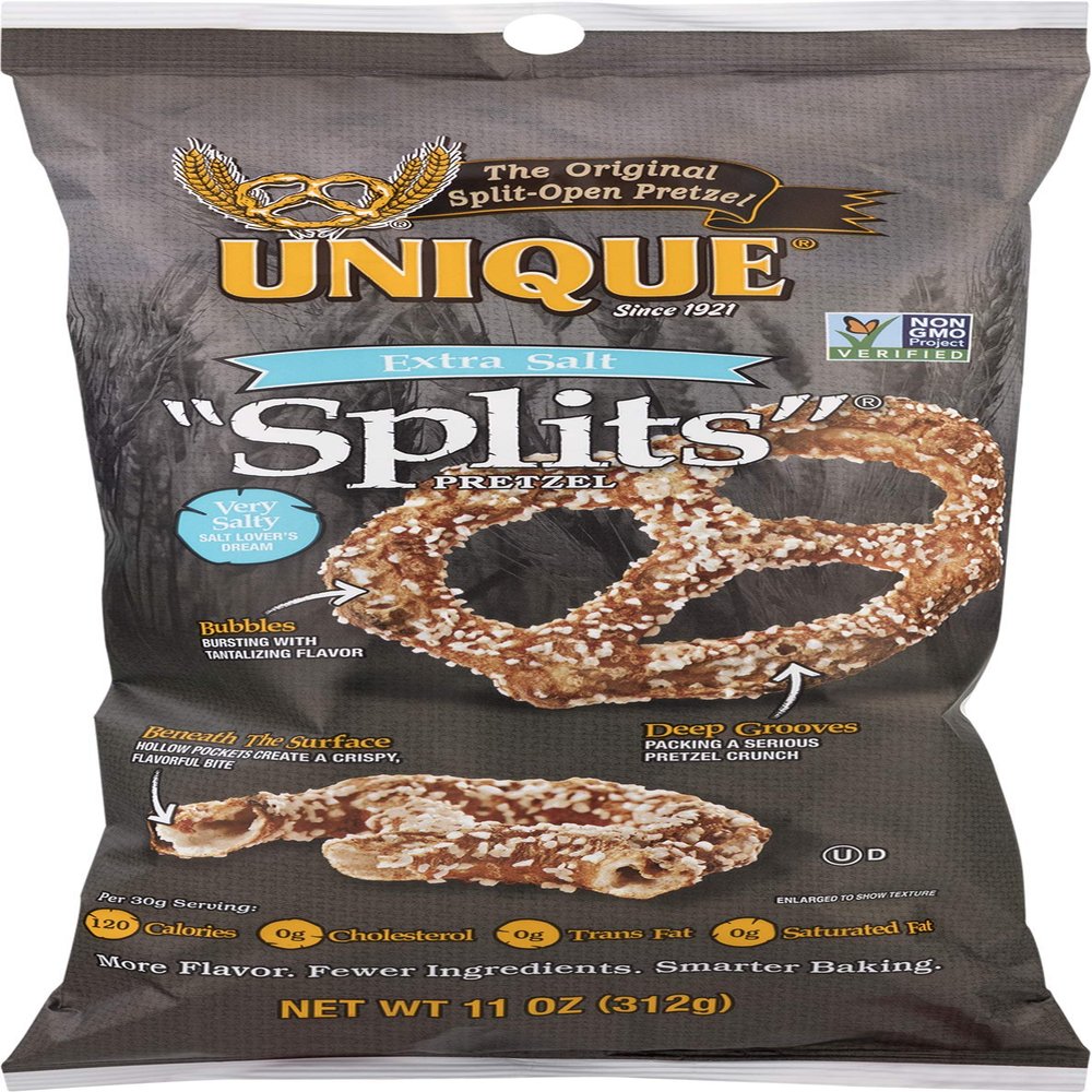 Unique Pretzels - Extra Salt Splits Pretzels, Delicious Vegan Snack Pretzels, Large OU Kosher Pretzels, 11 Ounce Bag
