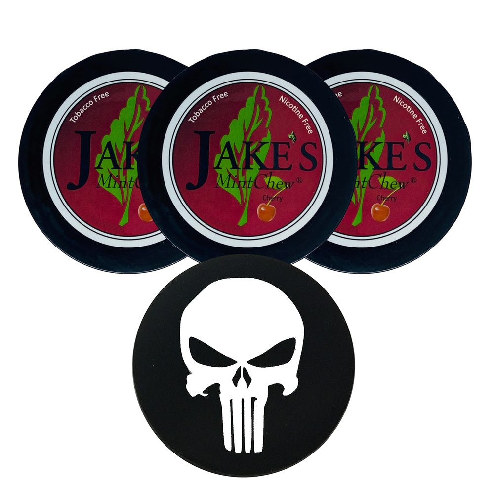 Jake's Mint Chew Cherry 3 Cans with DC Crafts Nation Skin Can Cover - Skull