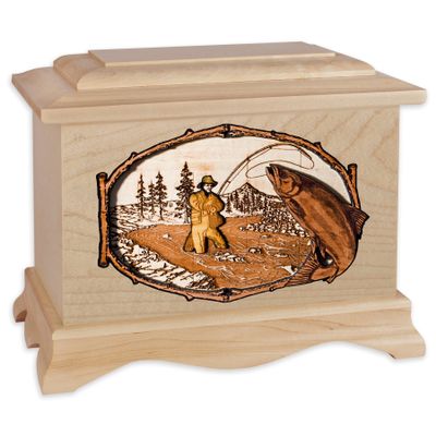 Wooden Cremation Urn - Ambassador Shape with Freshwater Stream Fishing 3-Dimensional Inlay Wood Art Memorial - Funeral Urns for Adults (Salmon Fish - Maple)