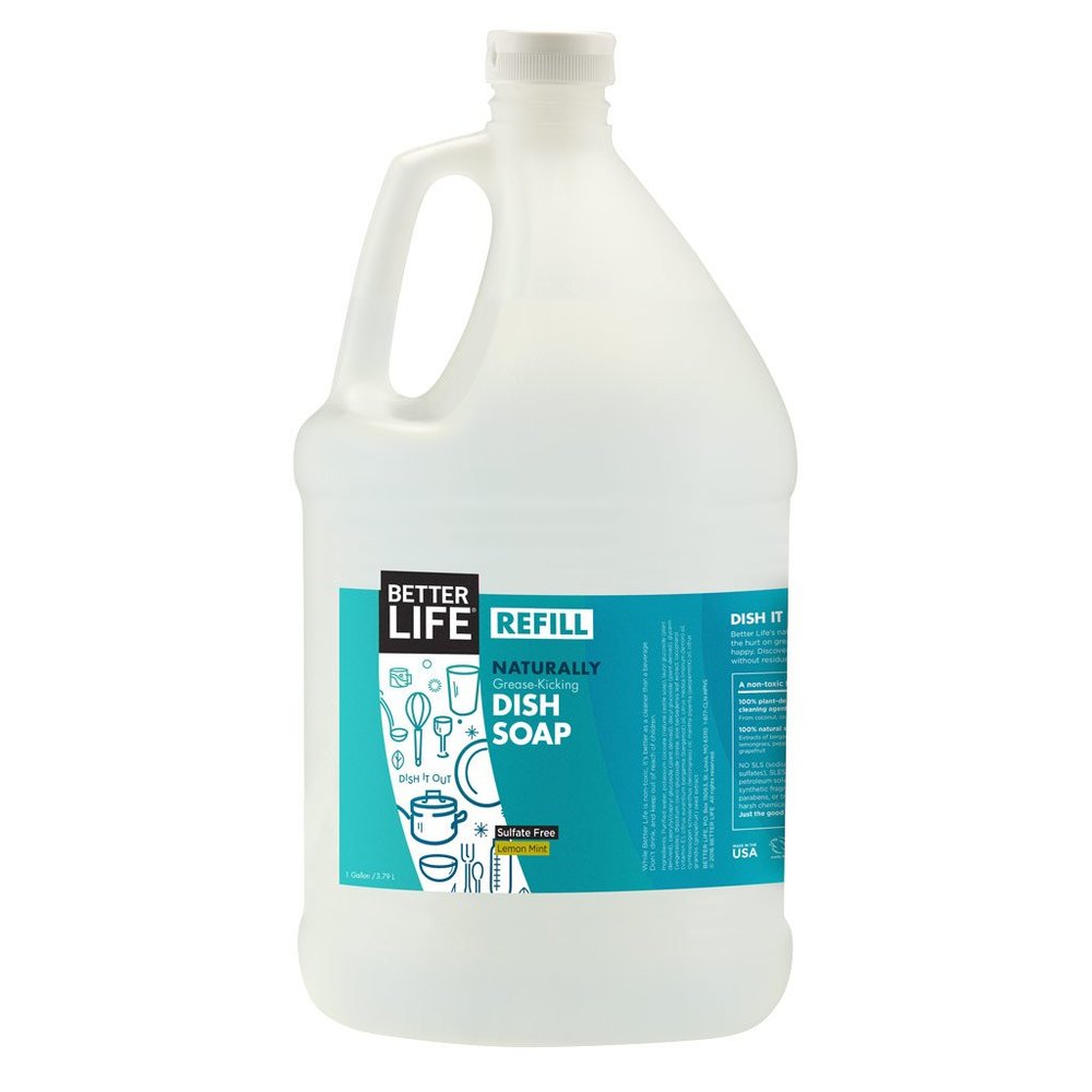Better Life Dish Soap - Liquid Dishwashing Soap with Vitamin E and Aloe for Home & Kitchen Sink - No Gloves Required Kitchen Soap for Sensitive Skin - 1 Gal Refill Lemon Mint