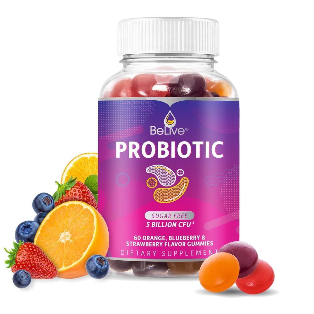 BeLive Probiotic Gummies - Probiotics with 5 Billion CFUs for Digestive Health, Men, Women & Kids - for Immune Support, Sugar Free & Vegan | 60 Ct  Blueberry, Strawberry & Orange