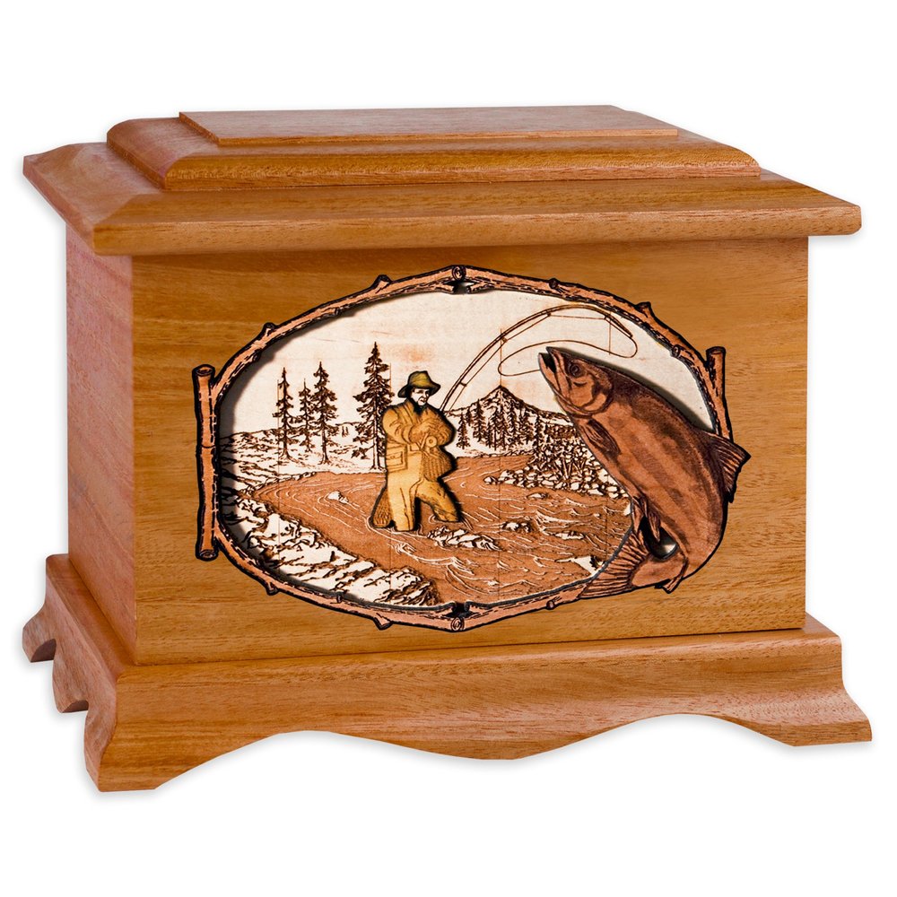 Wooden Cremation Urn - Ambassador Shape with Freshwater Stream Fishing 3-Dimensional Inlay Wood Art Memorial - Funeral Urns for Adults (Salmon Fish - Mahogany)