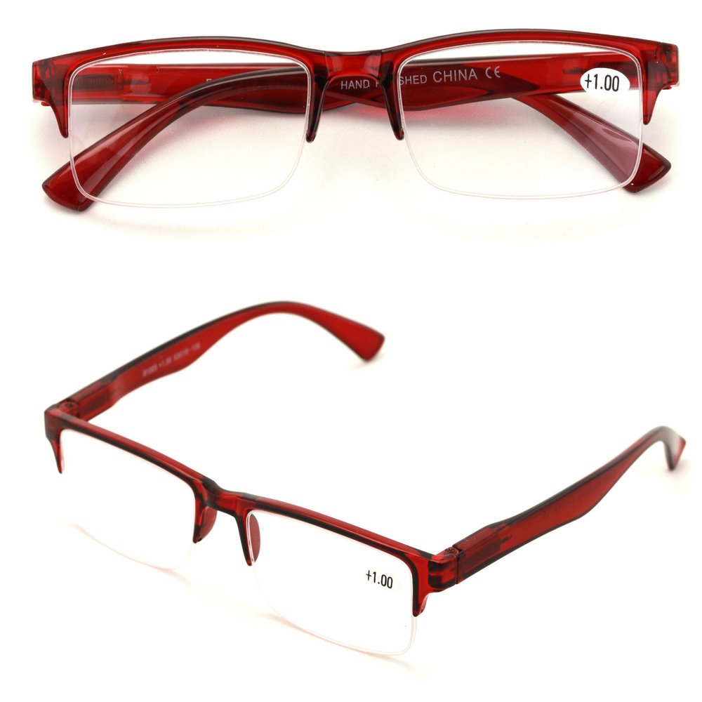 2 Pairs Rectangular Half Rim Reading Glasses - Simple Classic Reader (Maroon, 1.75)