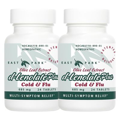 EAST PARK d-Lenolate Plus Cold & Flu Homeopathic Remedy for Adults & Kids | Immune System Booster with Olive Leaf Extract, Neem Leaf Extract & Echinacea | 625mg, 24 Tablets | Non-GMO (Pack of 2)