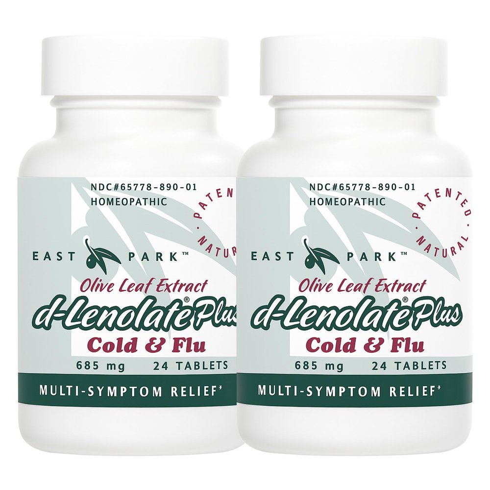 EAST PARK d-Lenolate Plus Cold & Flu Homeopathic Remedy for Adults & Kids | Immune System Booster with Olive Leaf Extract, Neem Leaf Extract & Echinacea | 625mg, 24 Tablets | Non-GMO (Pack of 2)