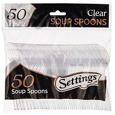 [100 Count] Settings Plastic Clear Soup Spoons, Heavyweight Disposable Cutlery, Great For Home, Office, School, Party, Picnics, Restaurant, Take-out Fast Food, Outdoor Events, Or Every Day Use, 2 Bags