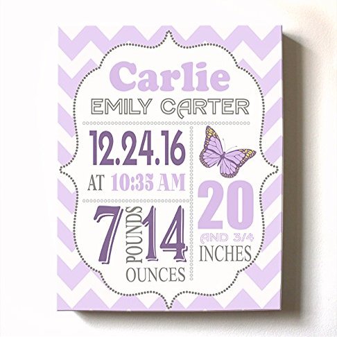 Personalized Stretched Canvas Birth Announcement Gift, Custom Baby Name, Date, Weight Stats, Newborn Butterfly Nursery Wall Art Decor, Wooden Frame Construction, Ready to Hang 24X30