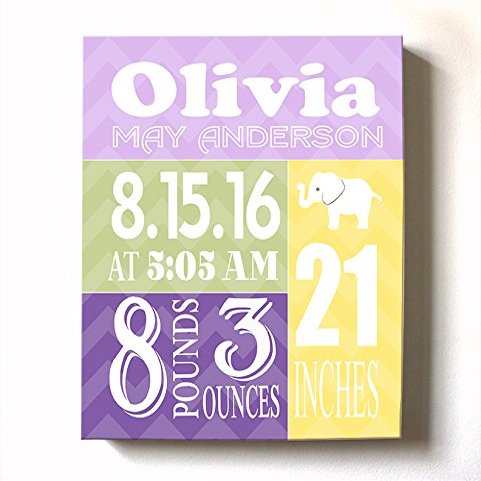 Personalized Stretched Canvas Birth Announcement Gift, Custom Baby Name, Date, Weight Stats, Newborn Elephant Nursery Wall Art Decor, Wooden Frame Construction, Ready to Hang 10X12