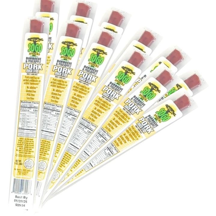 Barbecue and Pineapple Natural Pork Meat Sticks, Sogo Snacks, Smoked Meat Stick Travel Snacks, Snack Bundle of 24 Mild Flavored Snack Sticks