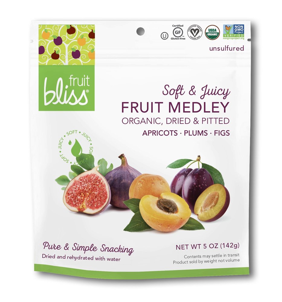 Fruit Bliss Dried Fruit Mix - Fruit Medley of Organic, Dried & Pitted Apricots, Plums & Figs - Organic Fruit Snacks, Dried Fruit Snacks, Resealable Pouches, Gluten-Free Vegan Snacks (2 Pack 5oz. Each)