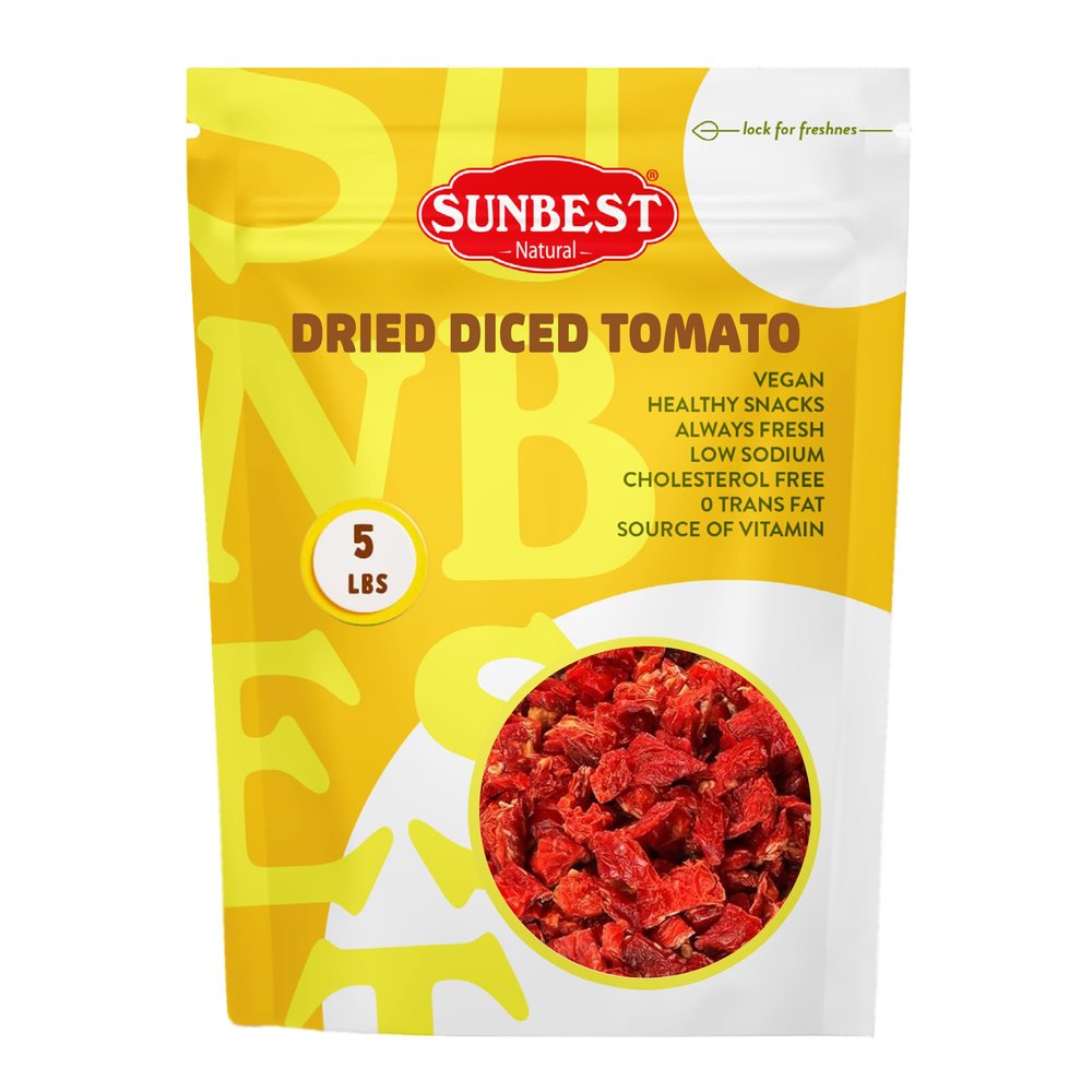 Sunbest Natural Diced Sun-Dried Tomatoes 5 lb Bulk Bag (80 oz) Intense & Zesty Flavor Non-GMO, Vegan, Kosher Moist, Ready to Eat Perfect for Snacking, Cooking & Baking