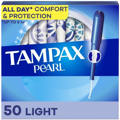 Tampax Pearl Tampons Light Absorbency with BPA-Free Plastic Applicator and LeakGuard Braid, Unscented, 50 Count