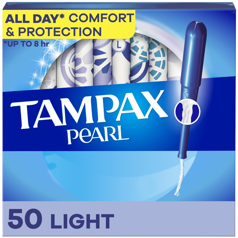 Tampax Pearl Tampons Light Absorbency with BPA-Free Plastic Applicator and LeakGuard Braid, Unscented, 50 Count