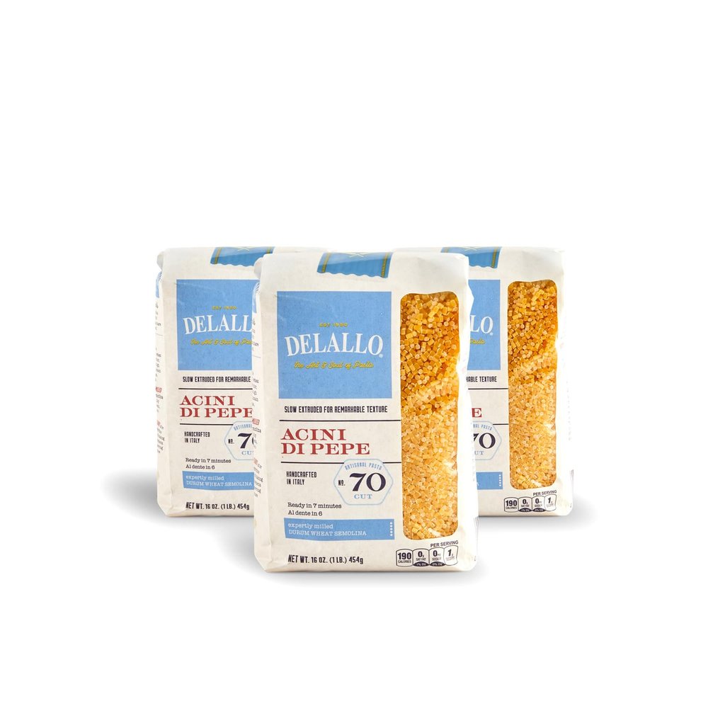 DeLallo Acini di Pepe Pasta, Small Pastina, Made with Only 100% Durum Wheat Semolina Flour, Bronze Cut, Made in Italy, Non-GMO, Kosher, 1 Pound Bag (3 Pack)
